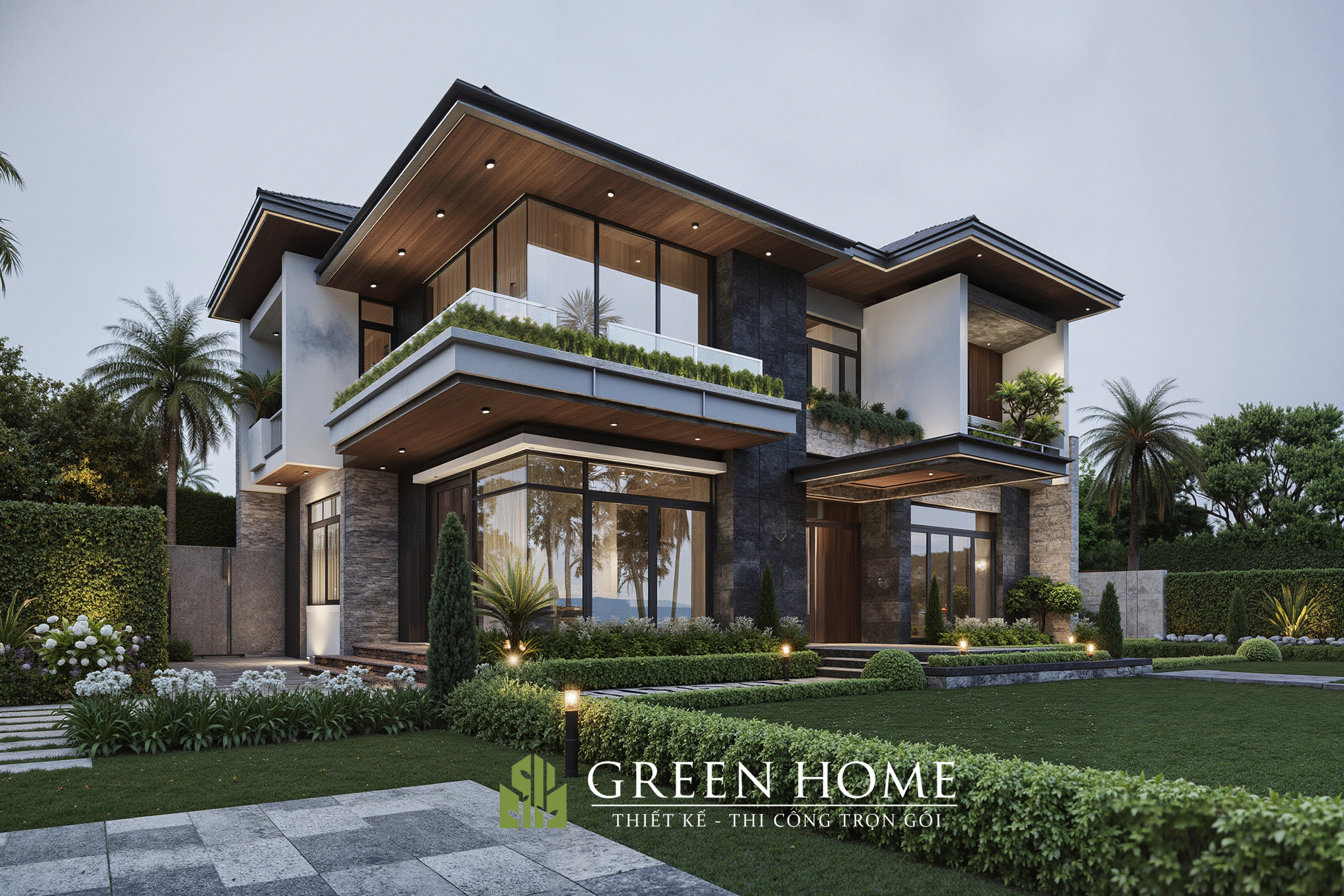 Lam gỗ, đá ốp, kính – bộ ba vật liệu hiện đại