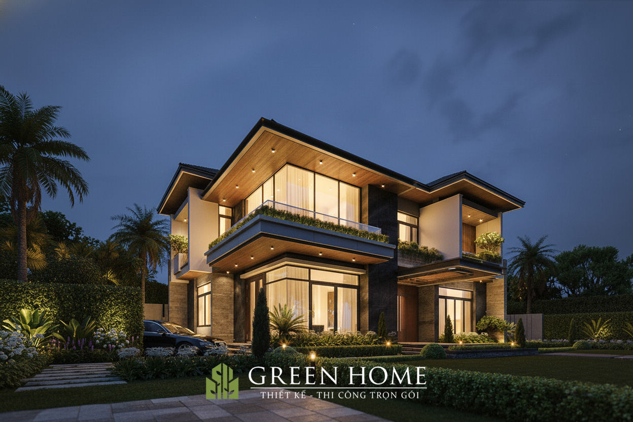 Ánh sáng ban đêm bên ngoài căn biệt thự